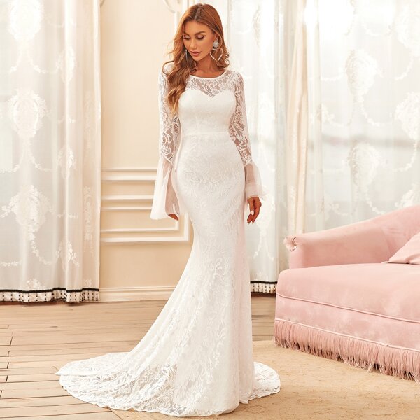 

Flounce Sleeve Floor Length Lace Wedding Dress, White