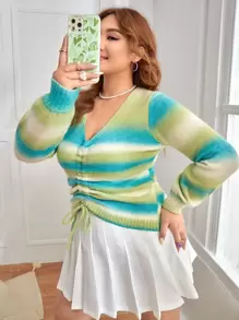 SHEIN MOD Plus Striped Drawstring Ruched Sweater - Multicolor - View 3