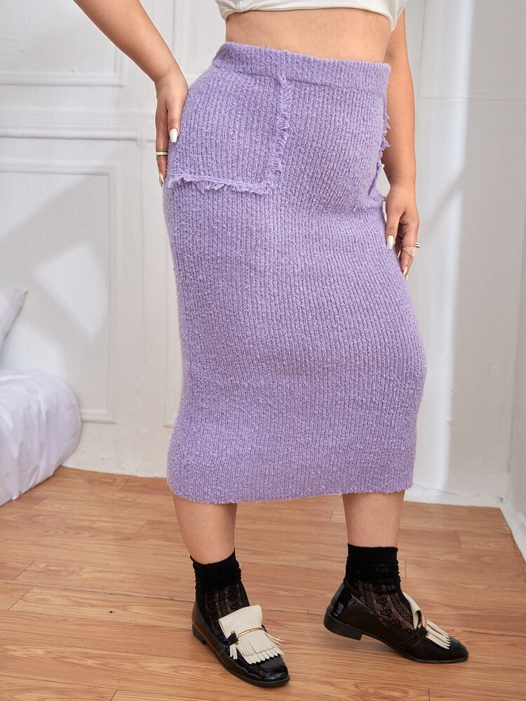 Plus High Waist Raw Trim Knit Skirt