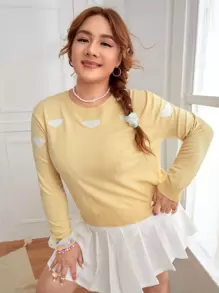 SHEIN Qutie Plus Round Neck Heart Pattern Jumper - Yellow - View 1