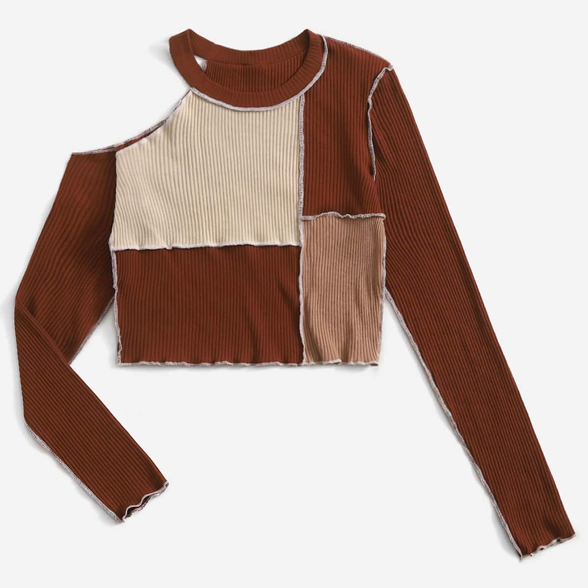

Stitching Trim Colorblock Cut Out Ribbed Crop Tee, Multicolor