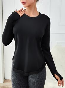 Yoga Basic Độ mềm thoáng khí Lỗ ngón tay cái Áo thun thể thao Hem thấp cao - màu đen - Xem 3