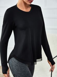 Yoga Basic Độ mềm thoáng khí Lỗ ngón tay cái Áo thun thể thao Hem thấp cao - màu đen - Xem 5