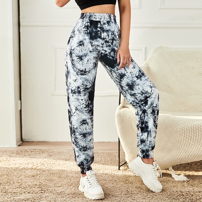 

Warming Elastic Waist Tie Dye Sports Sweatpants, Black and white