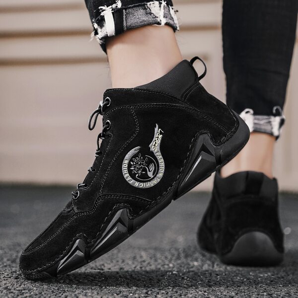 

Men Embossed Design Drawstring Design Boots, Black