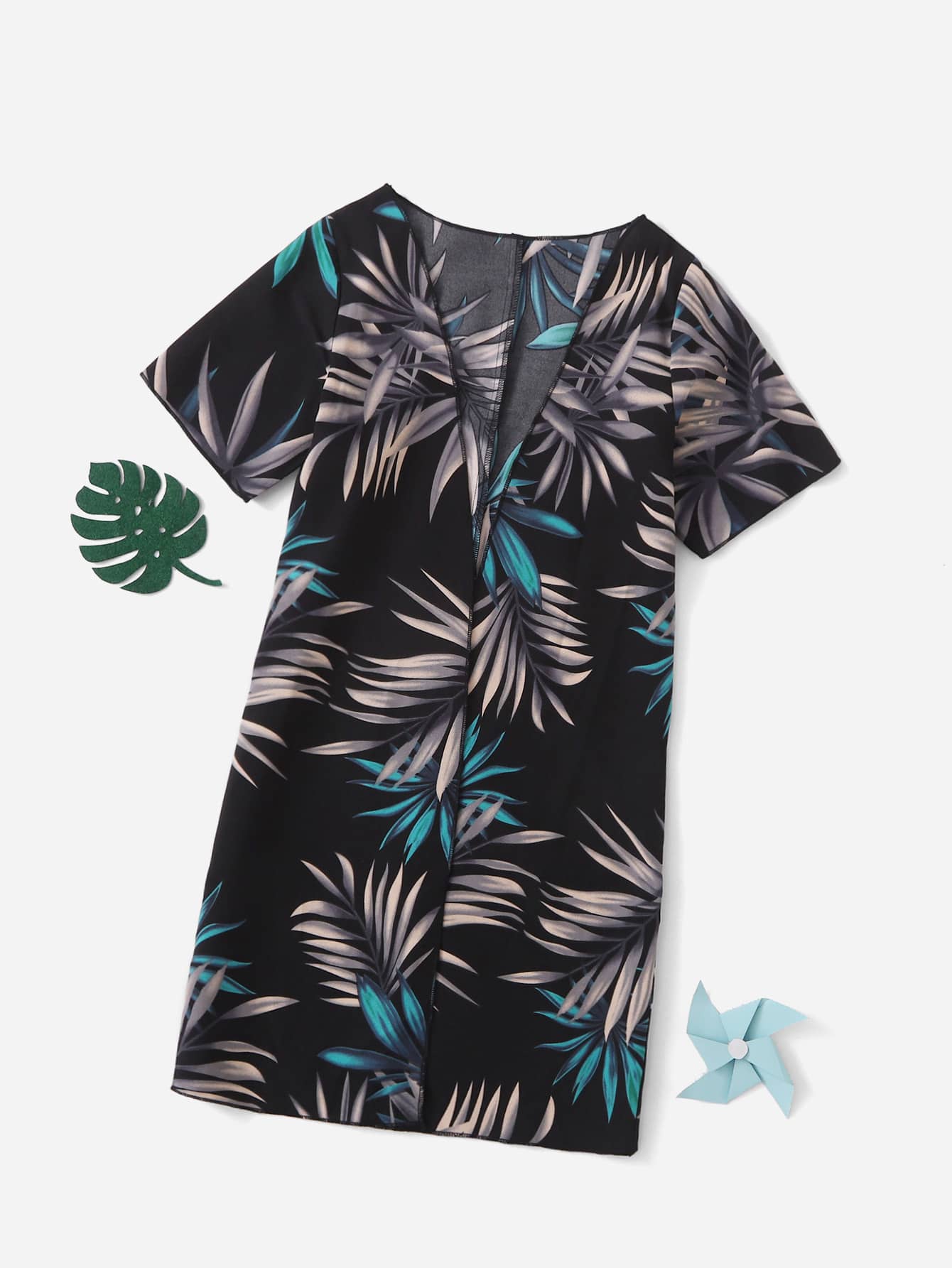 Girls Plant Print Kimono - Black - View 1