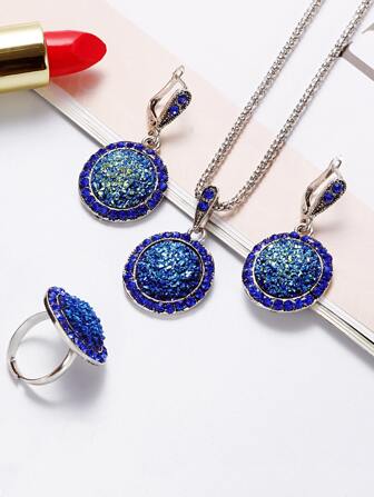 1pair Rhinestone Decor Earrings & 1pc Necklace & 1pc Ring