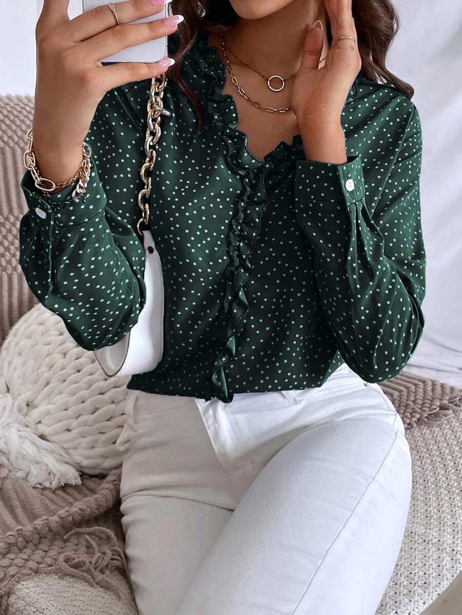 SHEIN Frenchy Polka Dot Ruffle Trim Blouse - Dark Green - View 1