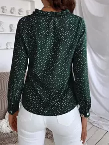 SHEIN Frenchy Polka Dot Ruffle Trim Blouse - Dark Green - View 2