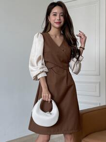 DAZY 交叉系带灯笼袖连衣裙工作服女装秋季连衣裙长袖连衣裙 - 咖啡棕 - 查看 1