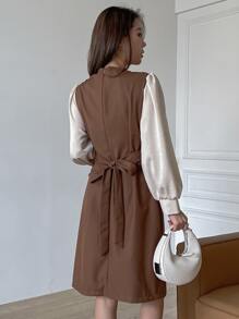 DAZY 交叉系带灯笼袖连衣裙工作服女装秋季连衣裙长袖连衣裙 - 咖啡棕 - 查看 2