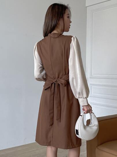 Crossover Tie Back Lantern Sleeve Dress Work Women Clothes,Fall Dress
