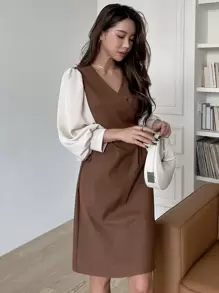 DAZY 交叉系带灯笼袖连衣裙工作服女装秋季连衣裙长袖连衣裙 - 咖啡棕 - 查看 3