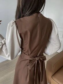 DAZY 交叉系带灯笼袖连衣裙工作服女装秋季连衣裙长袖连衣裙 - 咖啡棕 - 查看 7