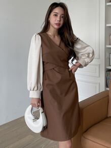 DAZY 交叉系带灯笼袖连衣裙工作服女装秋季连衣裙长袖连衣裙 - 咖啡棕 - 查看 8