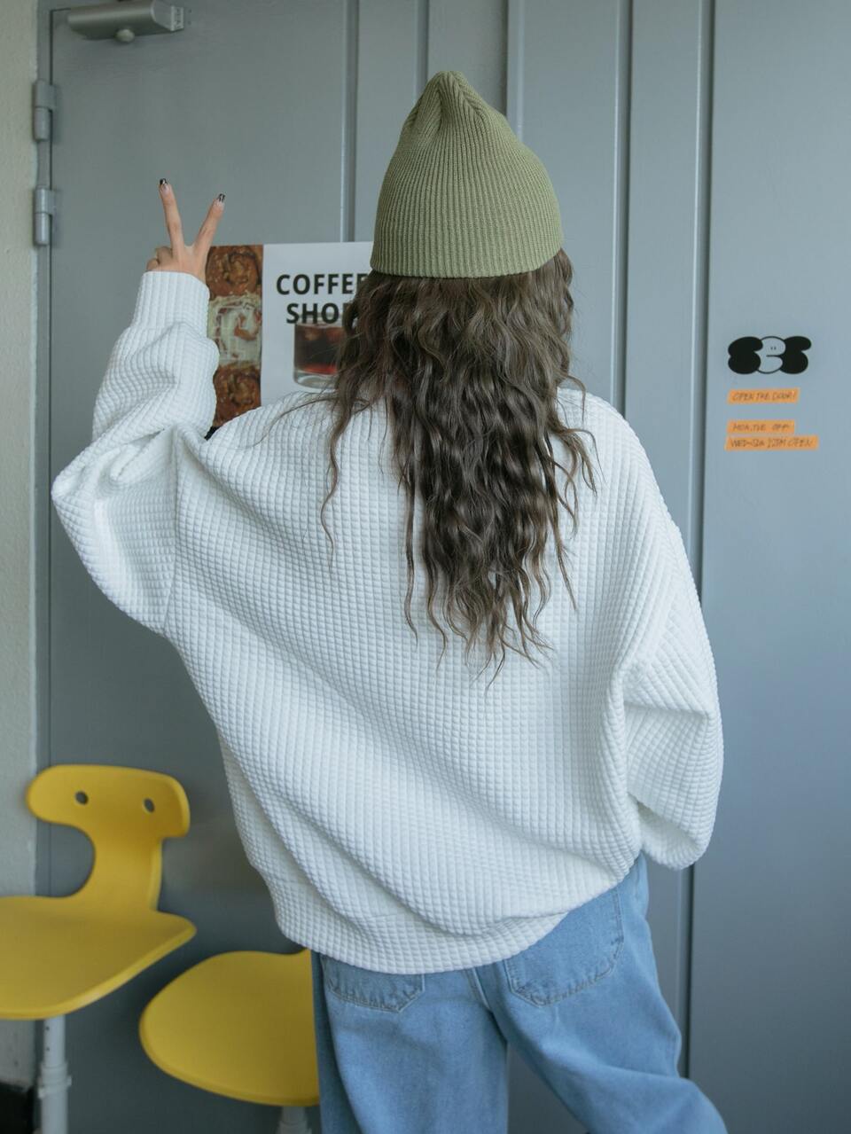 Waffle Knit Drop Shoulder Sweatshirt