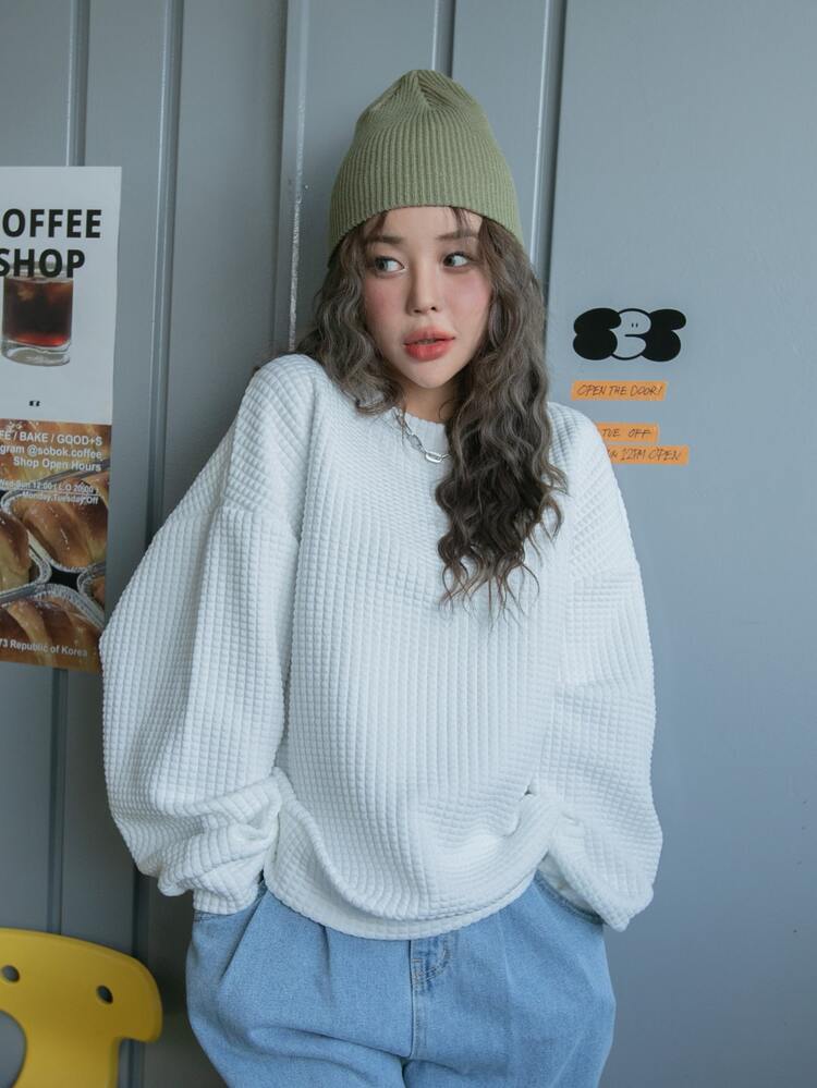 Waffle Knit Drop Shoulder Sweatshirt