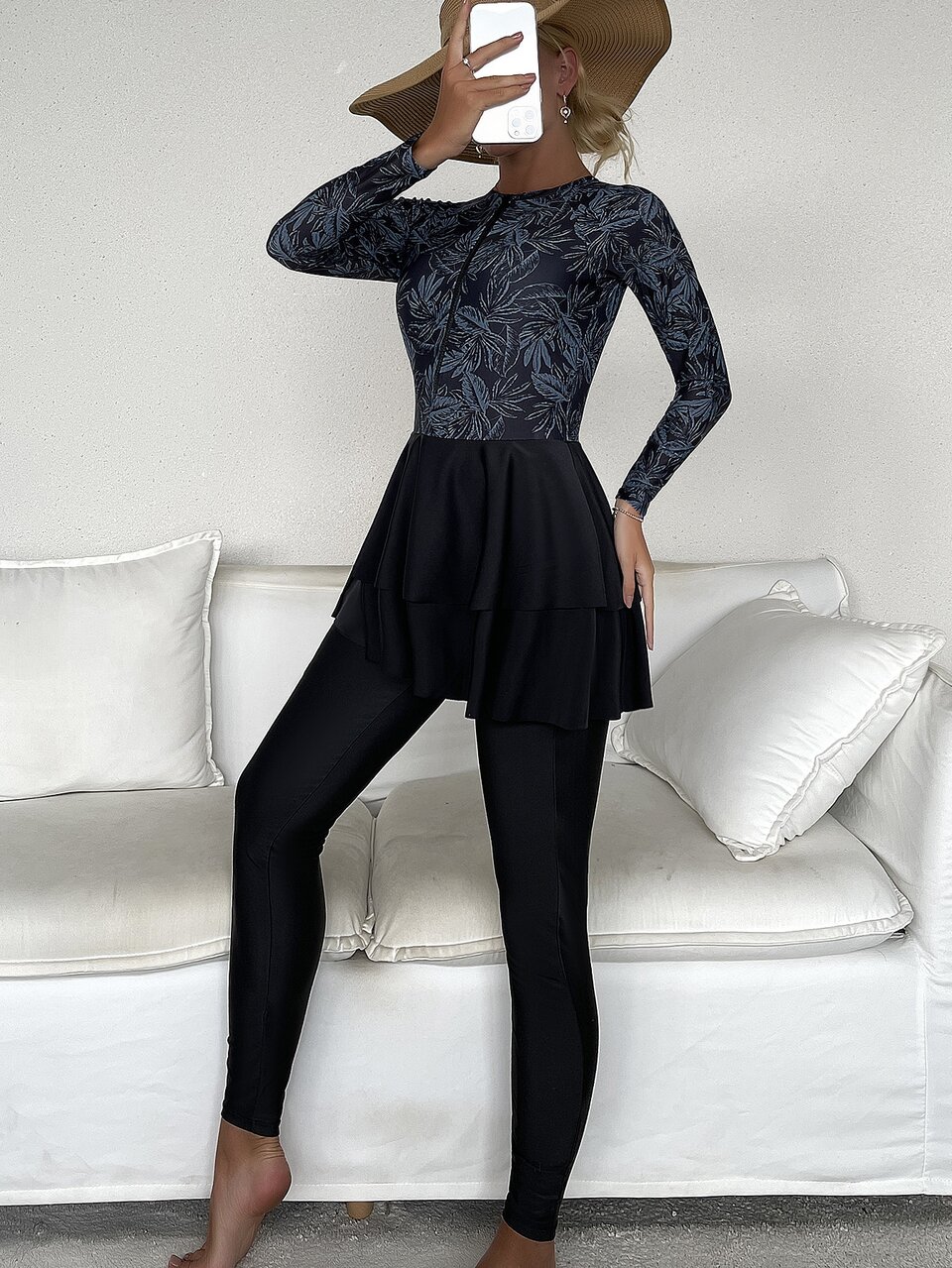 Summer Beach Floral Print Tankini Set Long Sleeve Zip Front Full Body Longline Swim Shirt & Leggings Swimsuit