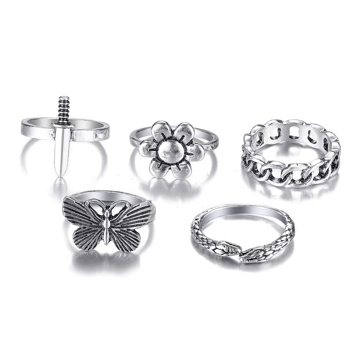 

5pcs Butterfly Decor Ring, Antique silver
