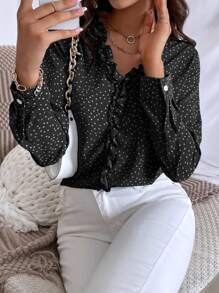 SHEIN Essnce Polka Dot Ruffle Trim Blouse - Black - View 1