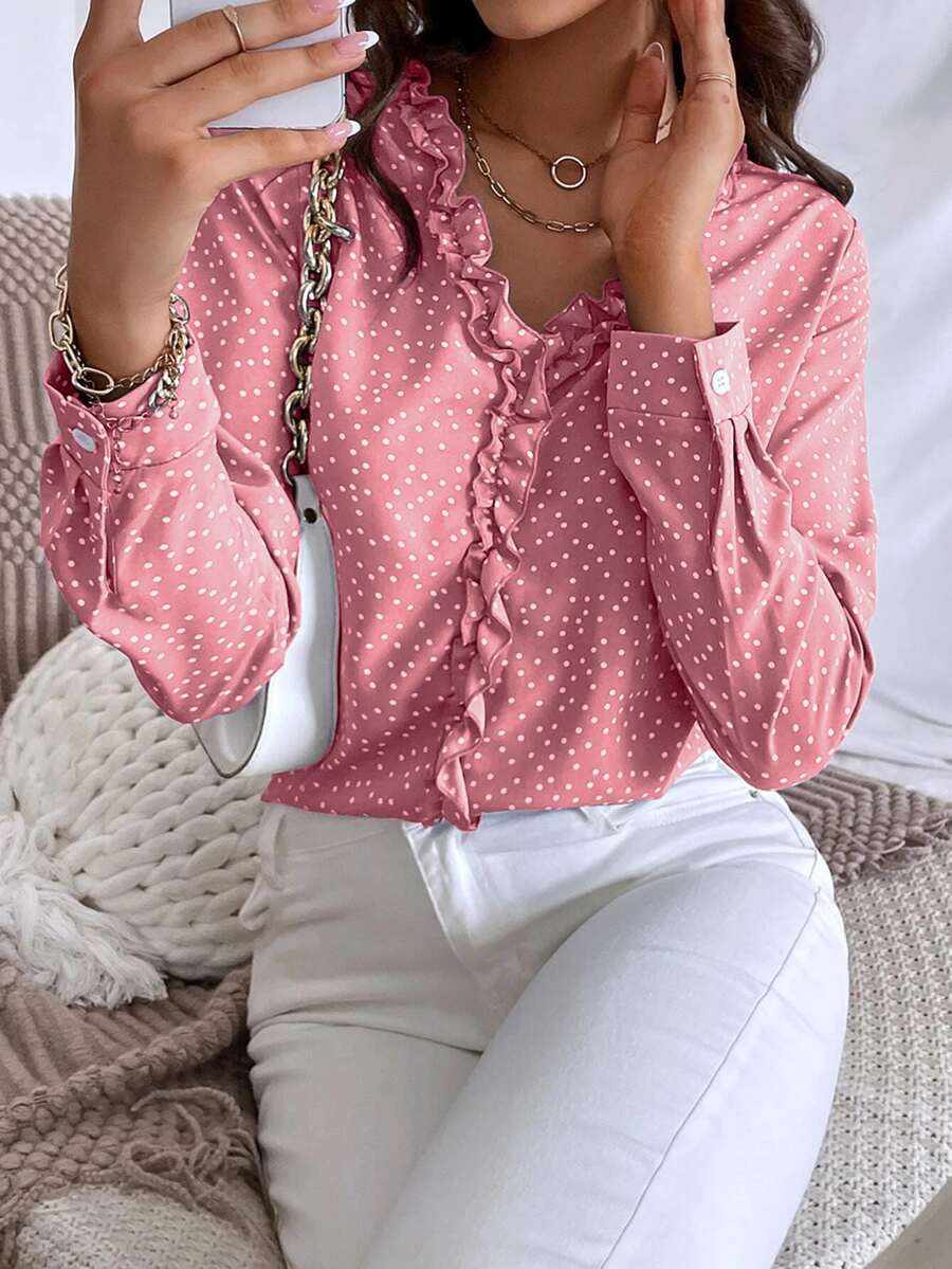 SHEIN Essnce Polka Dot Ruffle Trim Blouse - Pink - View 1