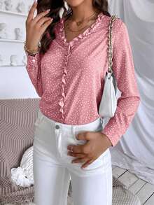 SHEIN Essnce Polka Dot Ruffle Trim Blouse - Pink - View 3