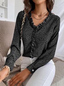 SHEIN Essnce Polka Dot Ruffle Trim Blouse - Black - View 3