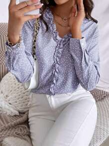 SHEIN Essnce Polka Dot Ruffle Trim Blouse - Lilac Purple - View 1