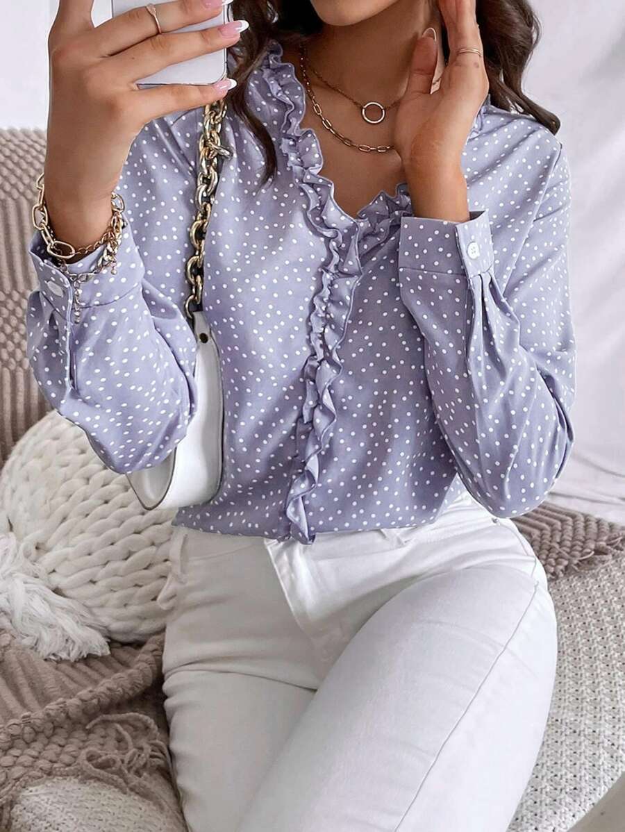 SHEIN Essnce Polka Dot Ruffle Trim Blouse - Lilac Purple - View 1