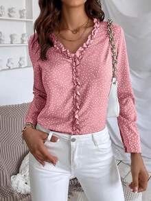 SHEIN Essnce Polka Dot Ruffle Trim Blouse - Pink - View 4