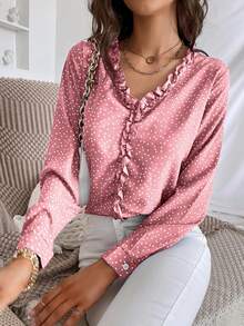 SHEIN Essnce Polka Dot Ruffle Trim Blouse - Pink - View 5