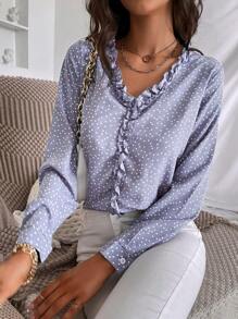 SHEIN Essnce Polka Dot Ruffle Trim Blouse - Lilac Purple - View 5