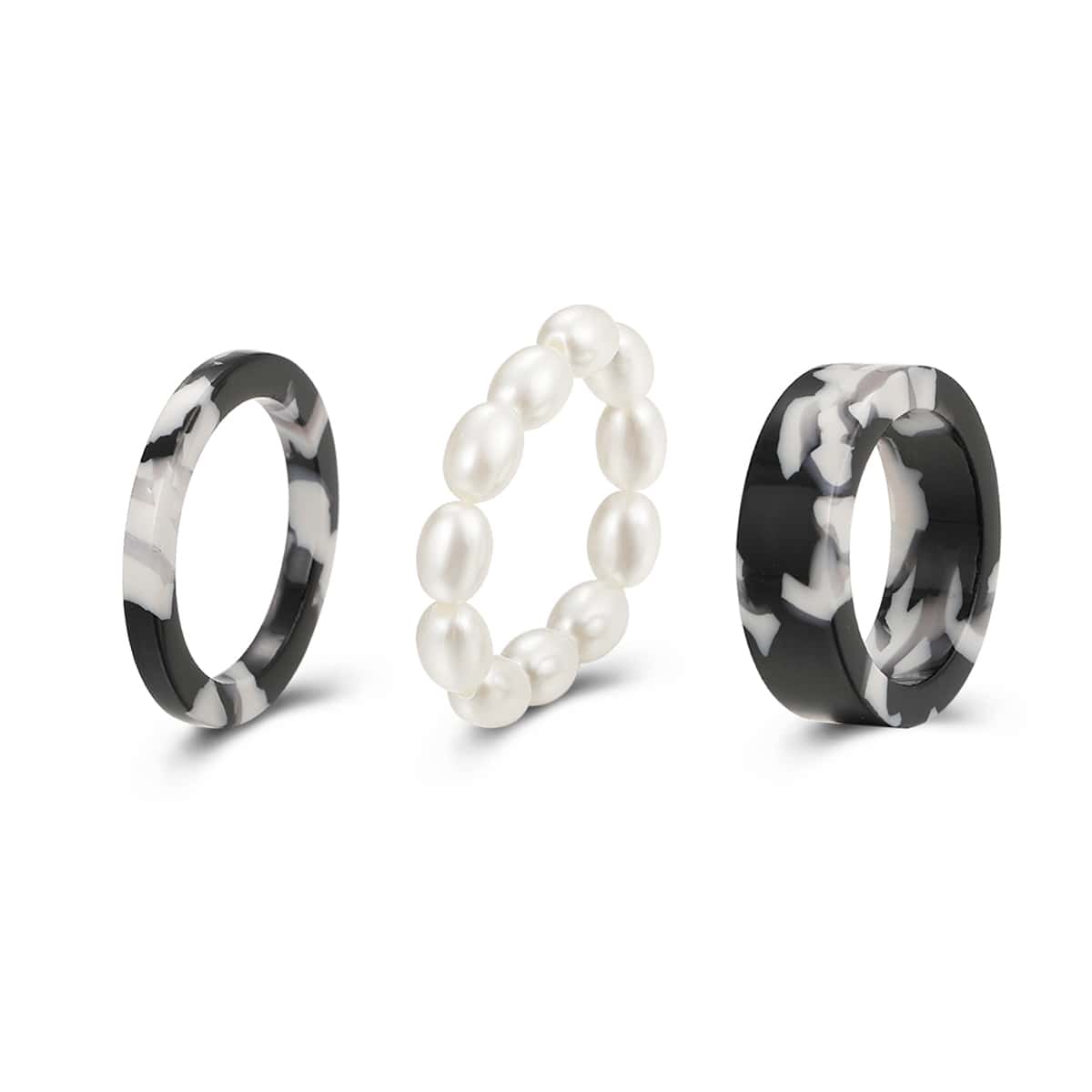 

3pcs Faux Pearl Beaded Ring, Black
