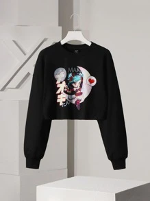 Mako Fufu 字母和卡通圖案落肩袖短款運動衫 - 黑色 - 查看 1