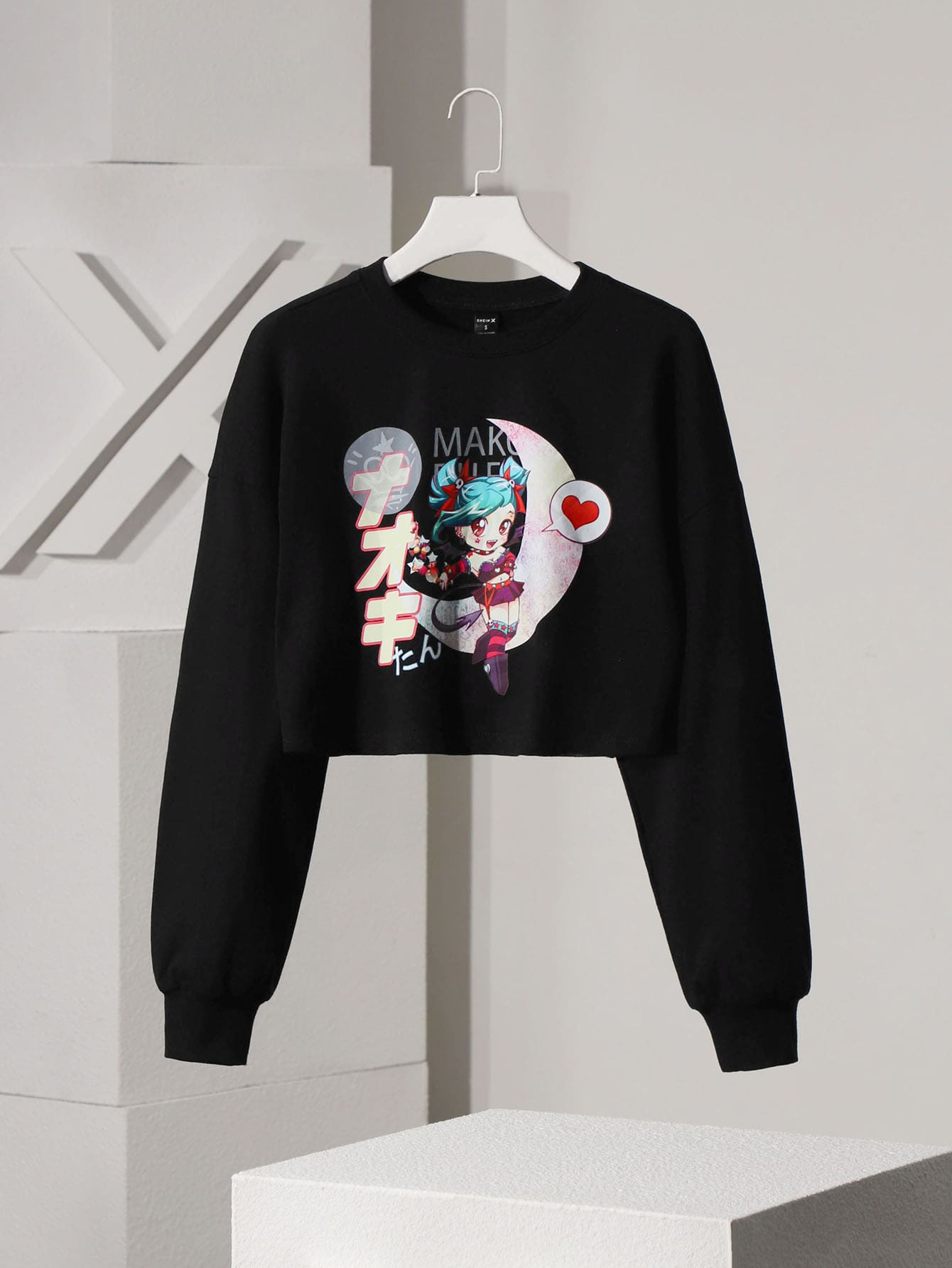 Mako Fufu 字母和卡通圖案落肩袖短款運動衫 - 黑色 - 查看 1