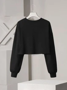 Mako Fufu 字母和卡通圖案落肩袖短款運動衫 - 黑色 - 查看 2