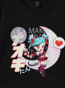 Mako Fufu 字母和卡通圖案落肩袖短款運動衫 - 黑色 - 查看 3