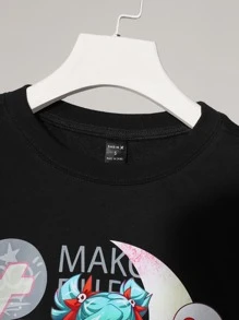 Mako Fufu 字母和卡通圖案落肩袖短款運動衫 - 黑色 - 查看 4