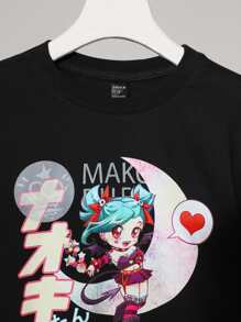 Mako Fufu 字母和卡通圖案落肩袖短款運動衫 - 黑色 - 查看 5