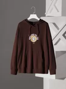 Dinakara 休閒抽繩 口袋卡通 字母女士衛衣 - 巧克力棕 - 查看 1