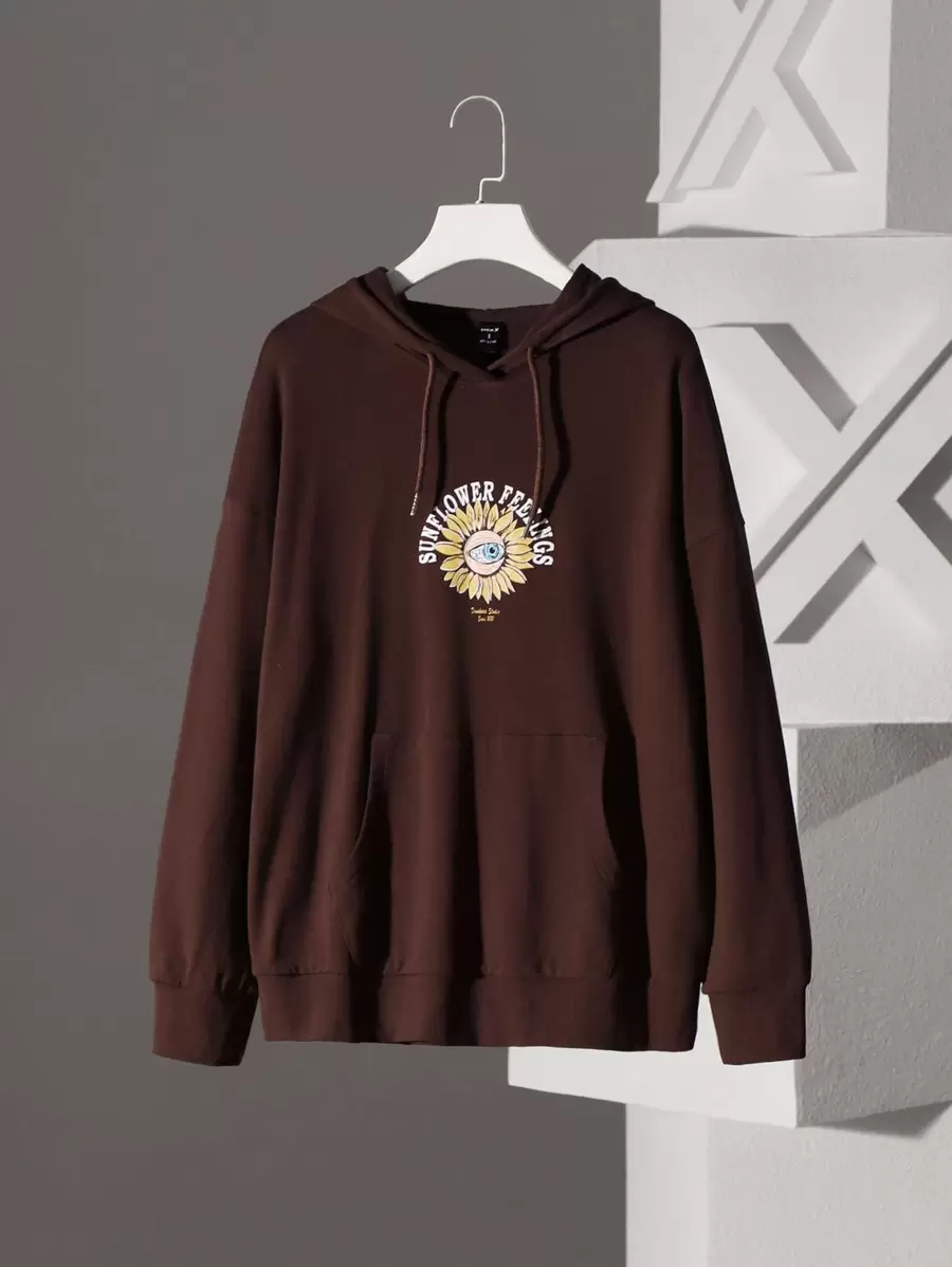 Dinakara 休閒抽繩 口袋卡通 字母女士衛衣 - 巧克力棕 - 查看 1