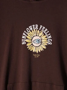 Dinakara 休閒抽繩 口袋卡通 字母女士衛衣 - 巧克力棕 - 查看 3