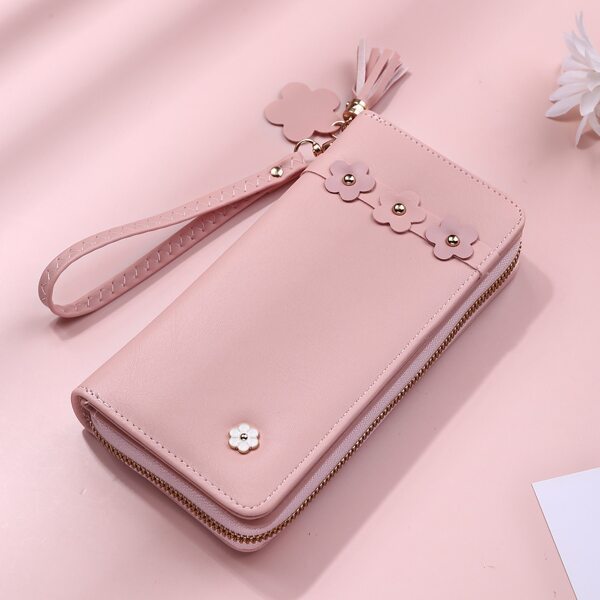 

Studded Floral Appliques Tassel Decor Long Wallet, Pink