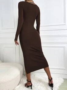 SHEIN Essnce Cut Out Twist Front Slit Thigh Bodycon Dress - Chocolate Brown - View 2
