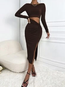 SHEIN Essnce Cut Out Twist Front Slit Thigh Bodycon Dress - Chocolate Brown - View 3