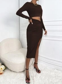 SHEIN Essnce Cut Out Twist Front Slit Thigh Bodycon Dress - Chocolate Brown - View 4