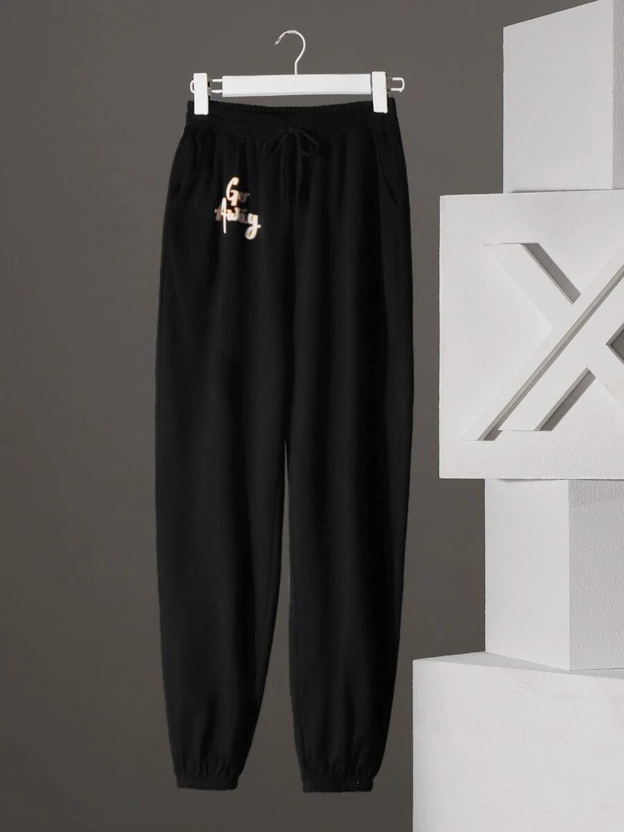 Mako Fufu de cintura con cordón con estampado de letra Pantalones deportivos sin Sudadera - Negro - Ver 1