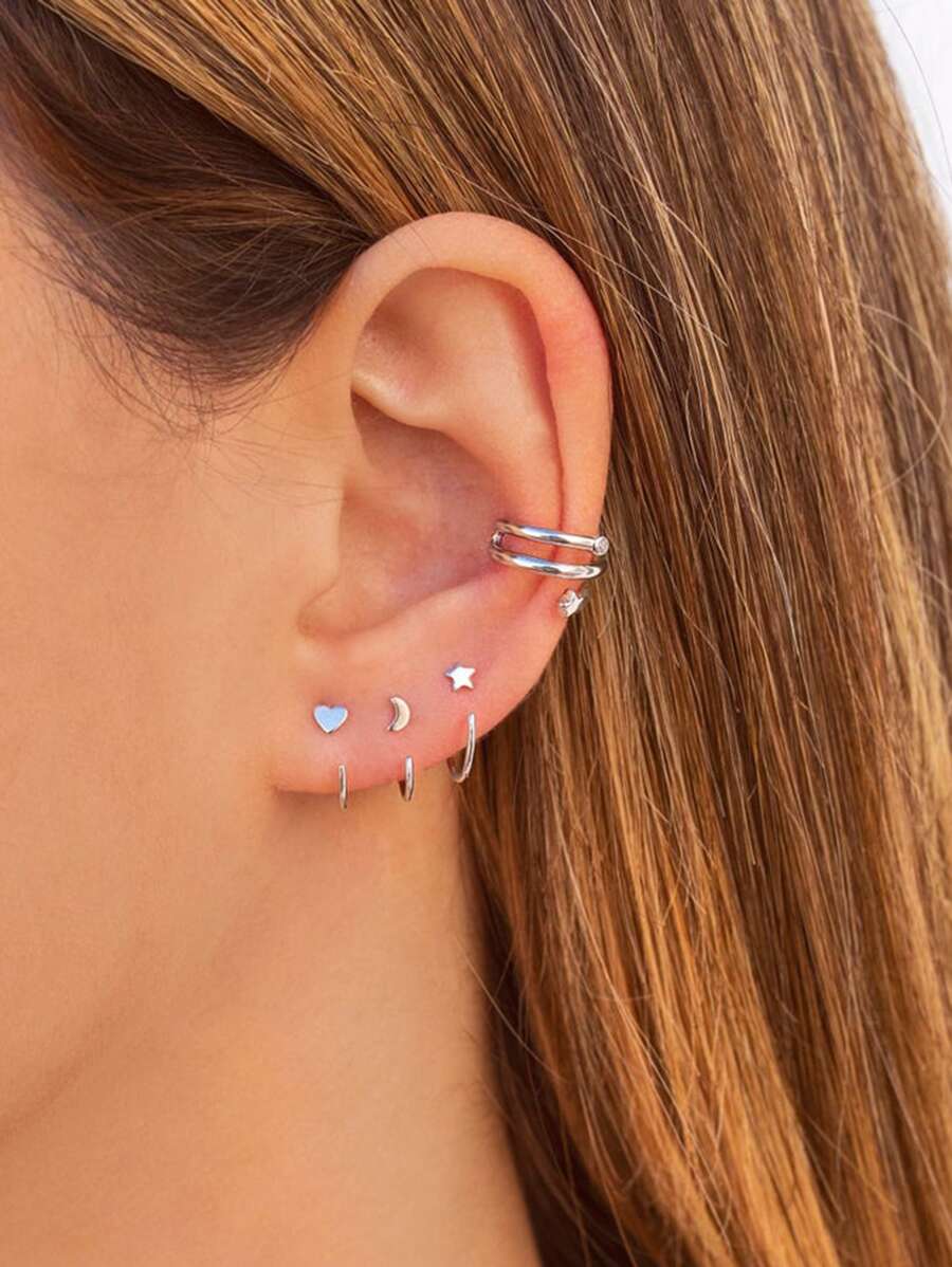 4入組方晶鋯石裝飾耳環 - 銀色 - 查看 1