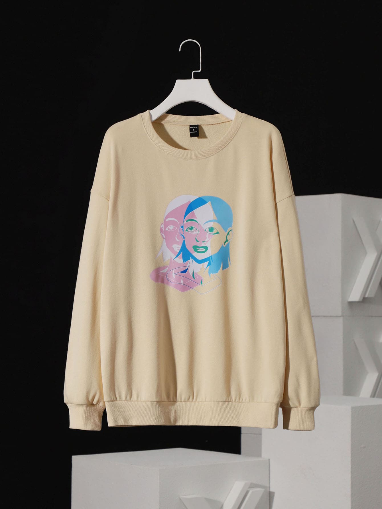 Goza Figure Graphic Drop Shoulder Pullover - Beige - View 1