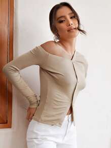 SHEIN 條紋針織素色不對稱領T恤 - 卡其色 - 查看 5